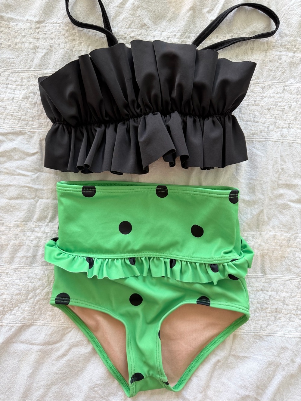 Kortni Jeane Black Ruffle Top with Green Polka Dot Bottom